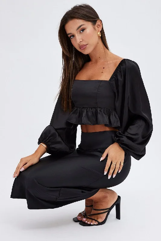 Women's Clothes Online Shopping Black Midi Skirt High Waisted Satin Bias Cut