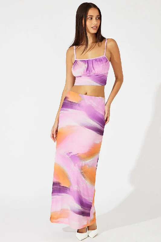 Women's Resort Garments Pink Abstract Maxi Skirt High Rise Mesh