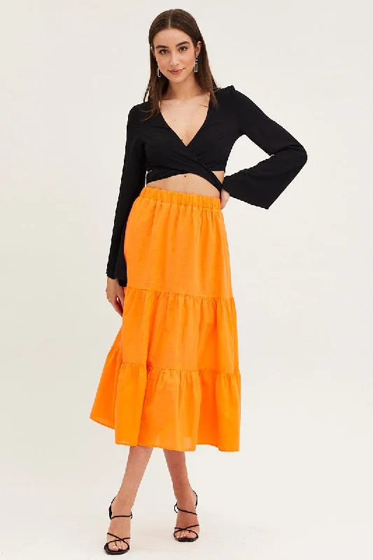 Women's Formal Wear Orange Midi Skirt High Rise