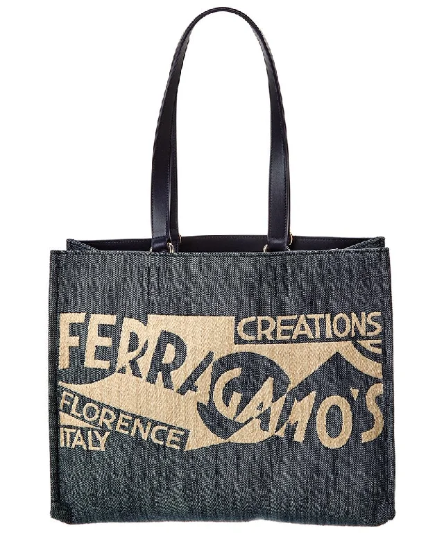 Women's Plus-Size Outfit Ferragamo Logo Medium Denim & Leather Tote