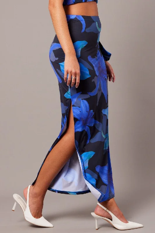 Feminine Dresses for Women in Bold Prints Blue Floral Maxi Skirt Tube Side Split Skirt