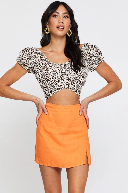 Orange Linen Blend Front Split Mini Skirt