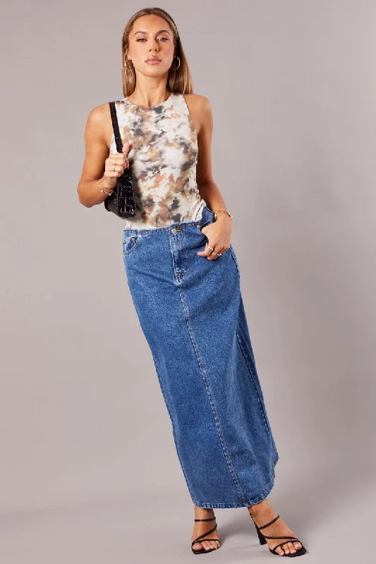 Women Wear Online Denim Maxi Skirt High Rise A-line Raw Edge Denim
