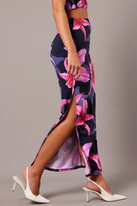 Women's Clothes For Work Pink Floral Maxi Skirt Tube Side Split Skirt