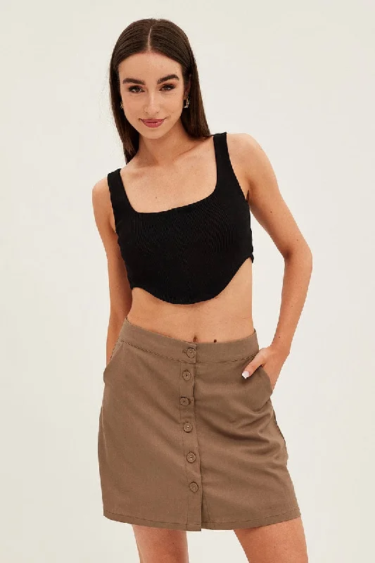 Brown Linen Blend Button Front Mini Skirt