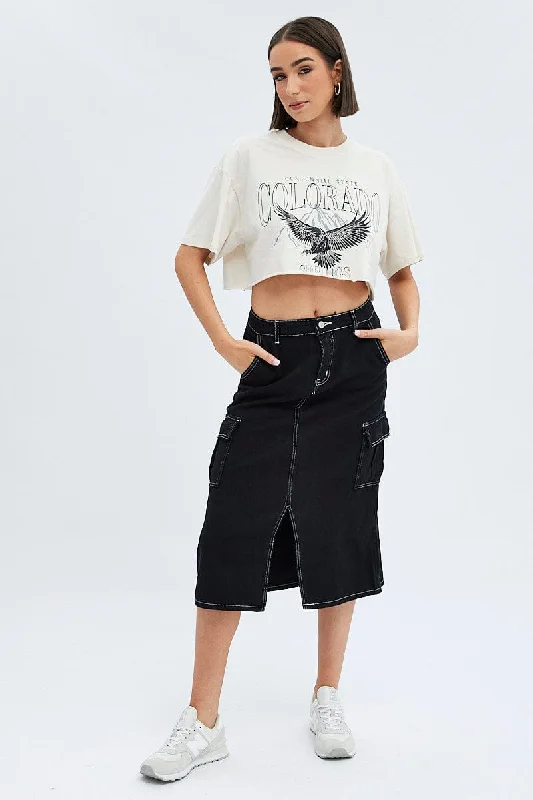 Women's Transitional Clothes Black Midi Skirt Mid Rise A-line Cargo Contrast Stitch