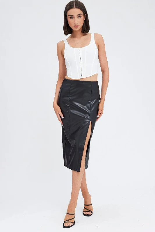 Affordable Women's Fashion Black Midi Skirt Front Split Faux Leather