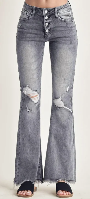 Mid Rise Button Flare Jeans In Grey