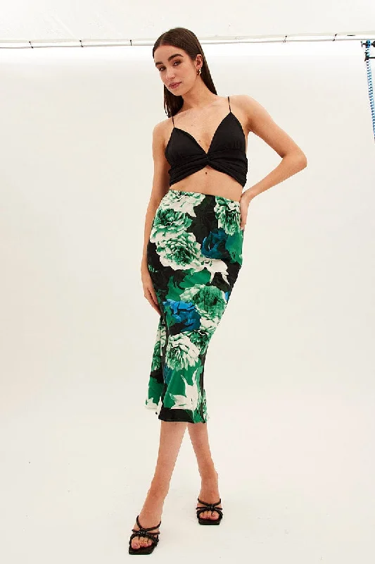 Women's Comfortable Clothes For Weekends Green Floral Slip Skirt Midi Floral Satin