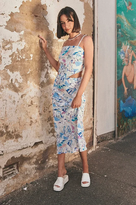 Women's Holiday Clothes Blue Print Maxi Bias Skirt
