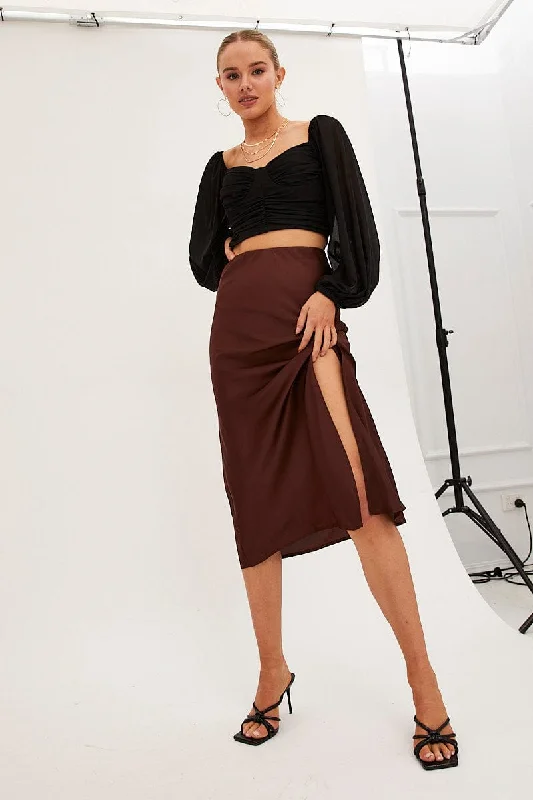 Brown Slip Skirt Midi Front Split Satin