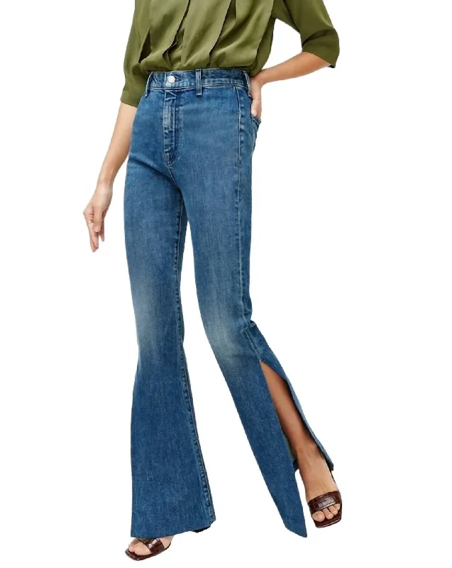 Classic Women's Clothing Styles Wide Leg Side Slit Jeans In Retro Broadway