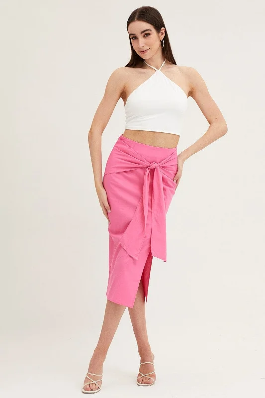 Comfortable Loungewear for Women Pink Front Tie Midi Skirt