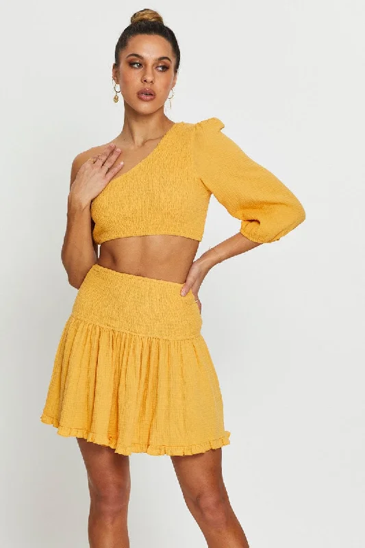 Yellow Shirred Skater Skirt