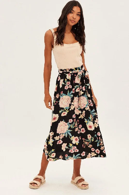 Women's Transitional Apparel Black Floral High Waist Front Slit Floral Midi Skirt