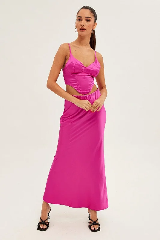 Women's Contemporary Clothing Pink Maxi Skirt Low Rise Elastic Waist Satin