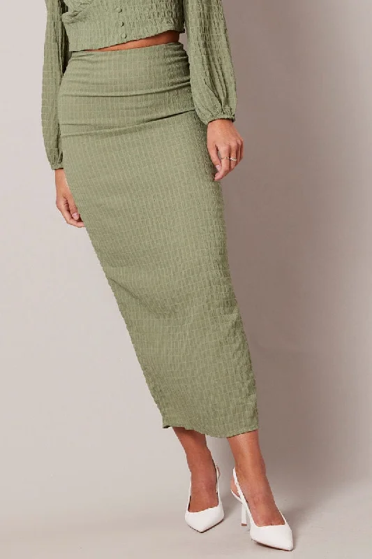 Women's Athletic Apparel Green Midi Skirt High Rise Textured Fabric