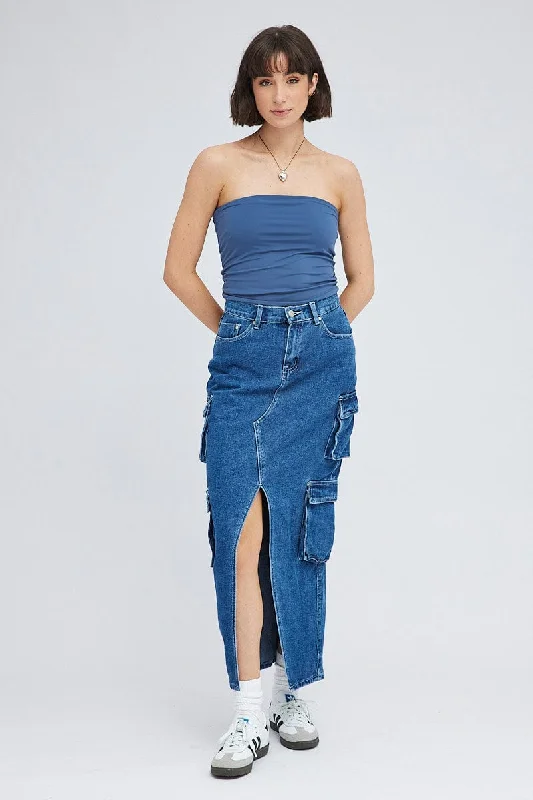 Denim Cargo Skirt Mid Rise Maxi Utility Pocket Details