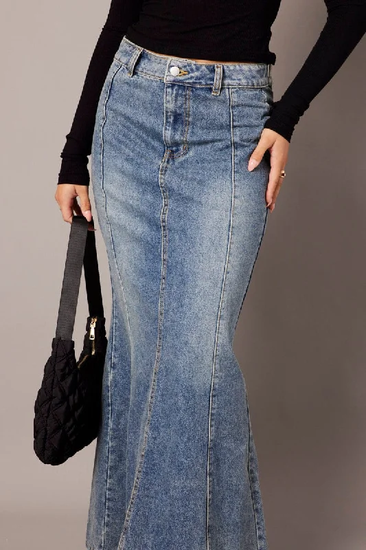 Women's Chic Outerwear Attire Denim Maxi Skirt High Rise