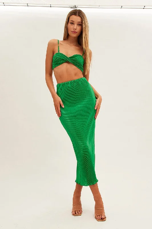 Women's Clothing Outfit Set Green Plisse Skirt Maxi High Rise
