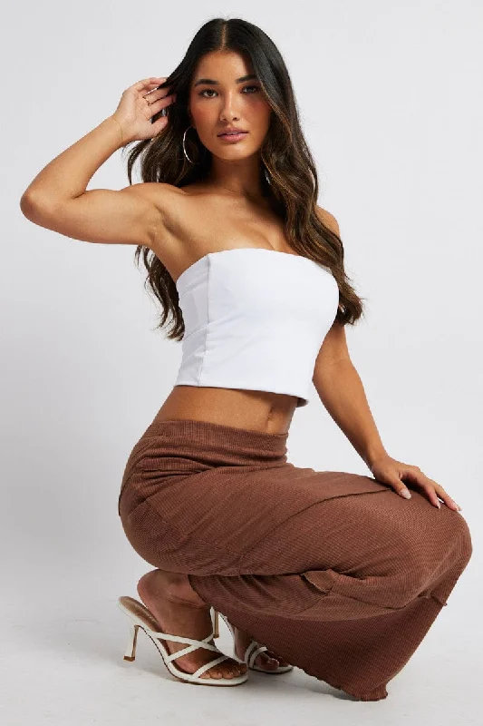 Women's Holiday Attire Brown Midi Skirt Bodycon High Rise Rib Jersey