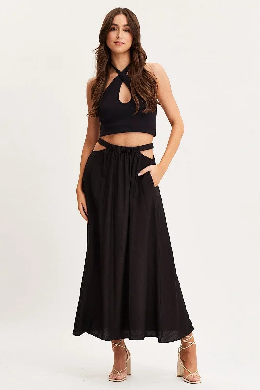 Casual Clothing For Women Black Maxi Skirt High Rise Cut Out