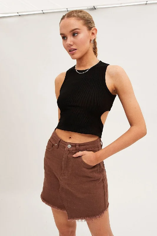 Exclusive Online Sale Brown Denim Skirt Mini Asymmetric Hem