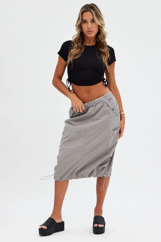 Casual Fashion Trends for Women Grey Midi Skirt Mid Rise Cargo Drawstring Elastic Waist