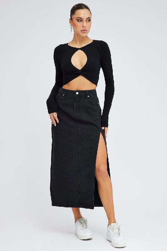 Black Maxi Skirt Mid Rise Denim Pencil Slit