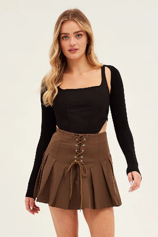 Brown Tie Front Tennis Mini Skirt