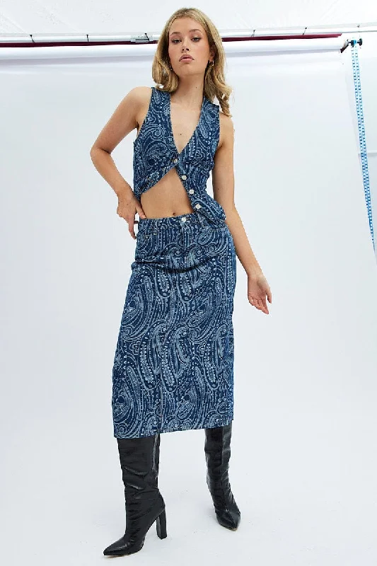 Women's Wardrobe Apparel Denim Midi Skirt Mid Rise Straight Fit Paisley Denim