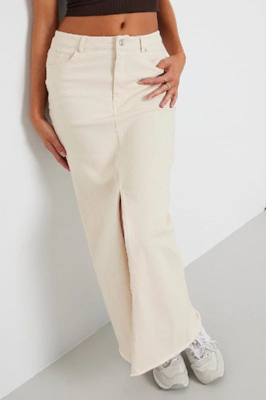 Women's High-Fashion Attire Beige Denim Skirt Maxi Front Split