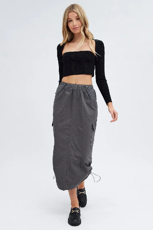 Women's Evening Wear Grey Parachute Cargo Skirt Low Rise Midi