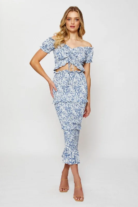 Women's Professional Clothes Print Smocking Pencil Midi Skirt