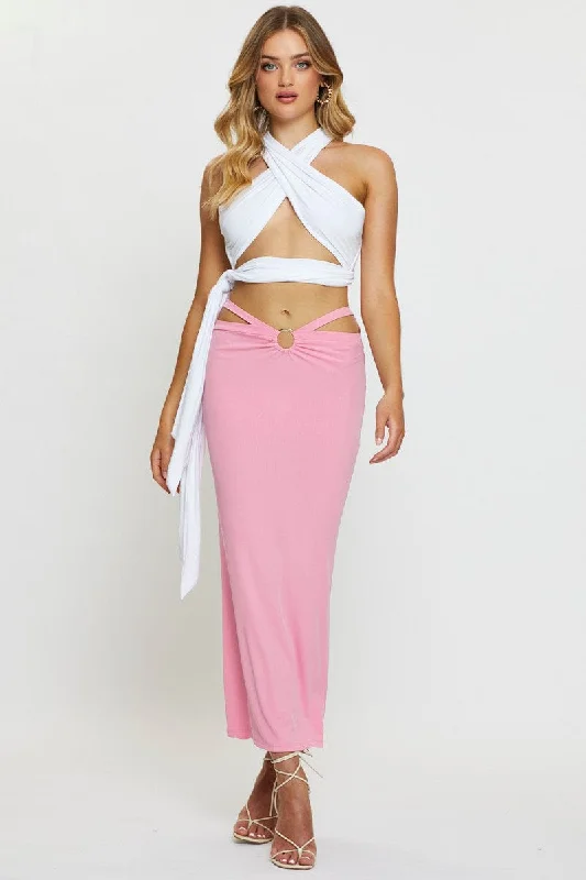 Pink Midi Skirt Rig Detailed Ribbed Jersey