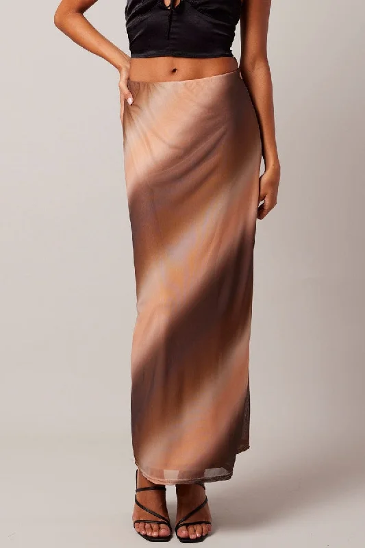 Women's Loungewear Clothes Brown Abstract Maxi Skirt High Rise Mesh