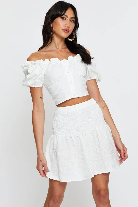 Women's Travel Apparel White Linen Blend Shirred Waist Skater Skirt