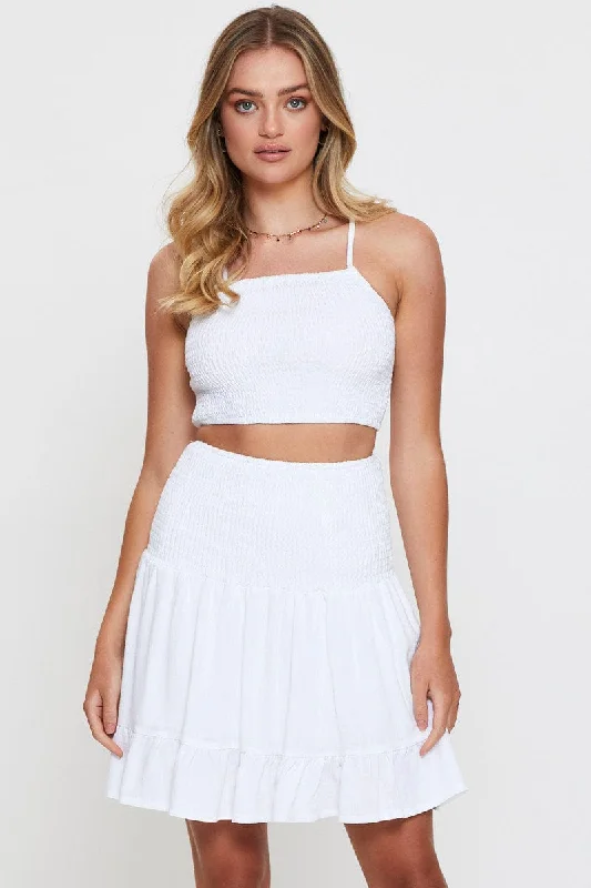 Women's Clothing for All Occasions White Shirred Skater Mini Skirt