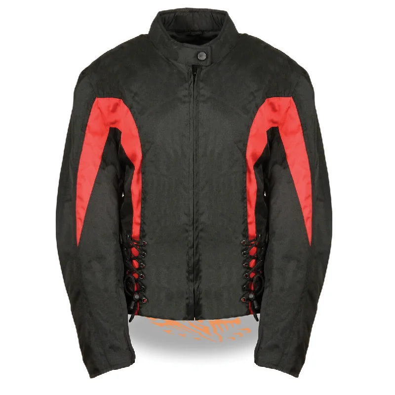 Chic Women's Clothing for Work and Travel Nexgen SH2188 Women's Black and Red Textile Motorcycle Riding Jacket with Side Stretch and Lacing Chic Women's Clothing for Work and Travel Nexgen SH2188 Women's Black and Red Textile Motorcycle Riding Jacket with Side Stretch and Lacing