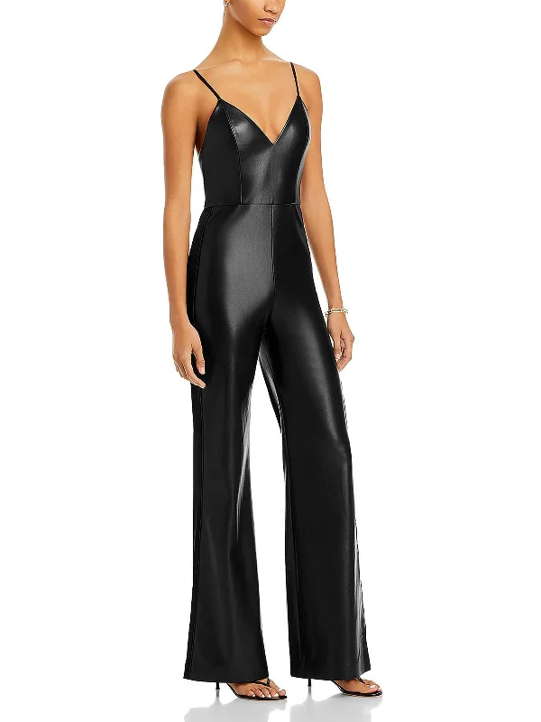 Women's Outfit For The Office Christena Womens Faux Leather Wide Leg Jumpsuit