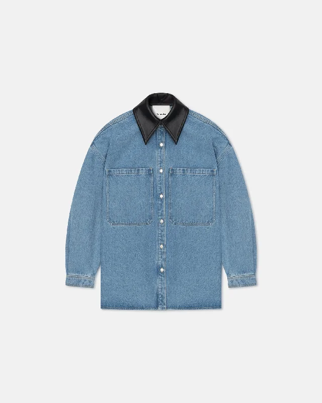 Women's Contemporary Apparel Beaux - Leather-Trimmed Denim Shirt - Mid Blue