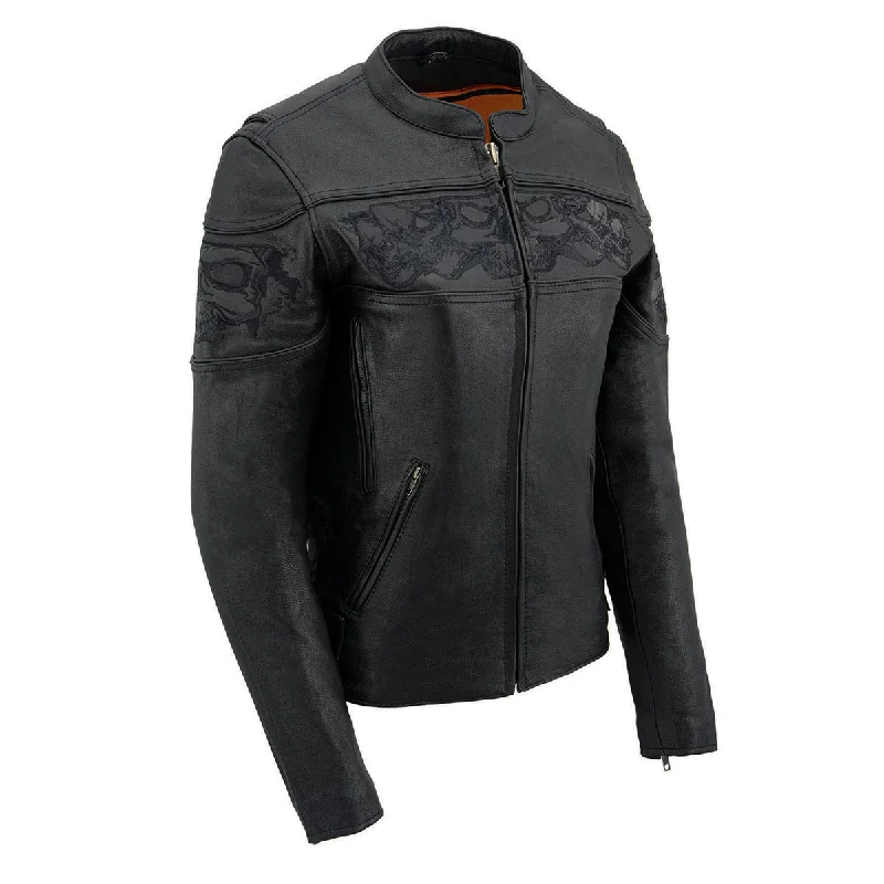 Sale Clearance Milwaukee Leather MLL2540 Women's Crossover Black Leather Scooter Jacket w/ Reflective Skull Graphic Sale Clearance Milwaukee Leather MLL2540 Women's Crossover Black Leather Scooter Jacket w/ Reflective Skull Graphic