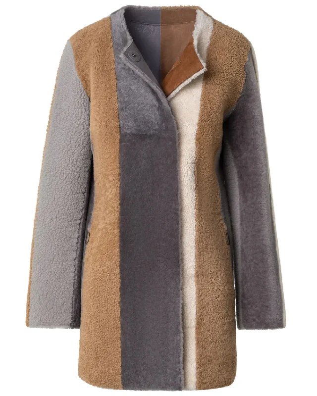 Women's Seasonal Clothing Silver and Camel Shearling Colorblock Fur Coat