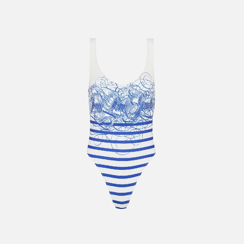 Casual Dresses for Women Jean Paul Gaultier Marinière Calligraphe Printed Jersey Swimsuit - White / Navy