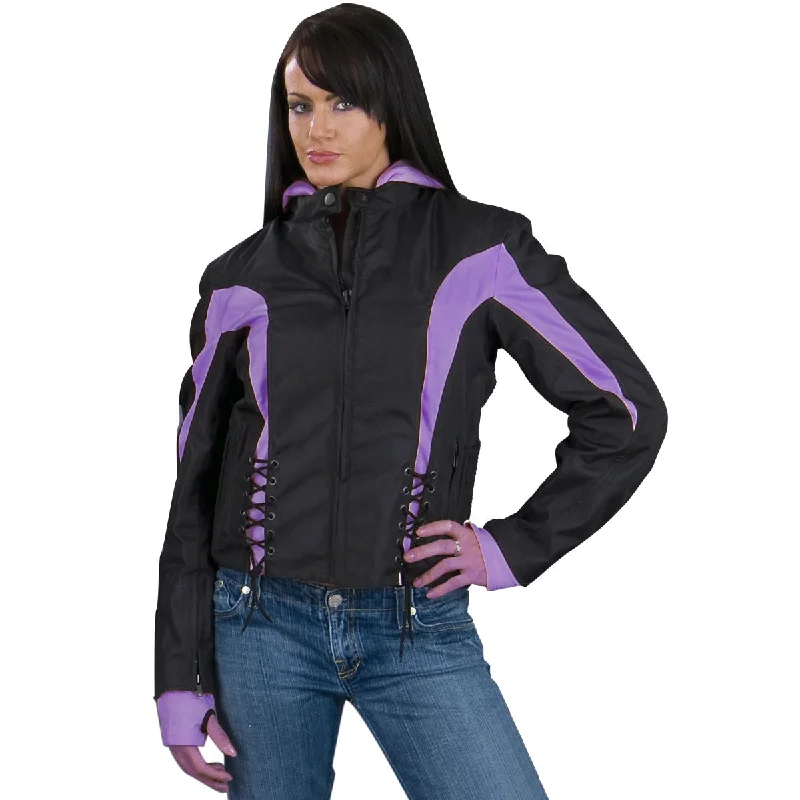 Women's Clothing Stores NexGen Ladies SH1906 Black and Purple Textile Racer Jacket with Hoodie