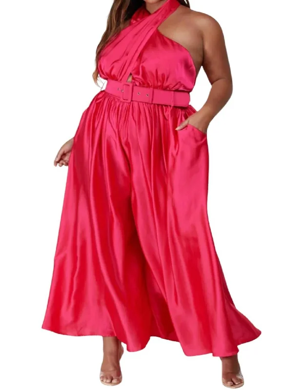 Women's Formal Apparel Halter Jumpsuit In Hot Pink