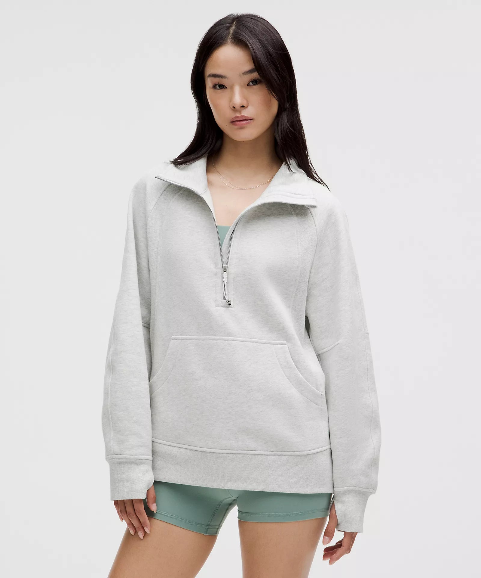 Women's Evening Wear Attire Scuba Oversized Funnel Neck Half Zip Long | Heathered Core Ultra Light Grey Women's Evening Wear Attire Scuba Oversized Funnel Neck Half Zip Long | Heathered Core Ultra Light Grey