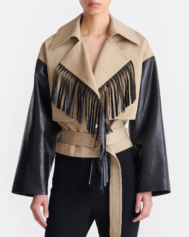 Women's Holiday Attire Kazia - Fringed Twill and Regenerated Leather Jacket - Beige/Black