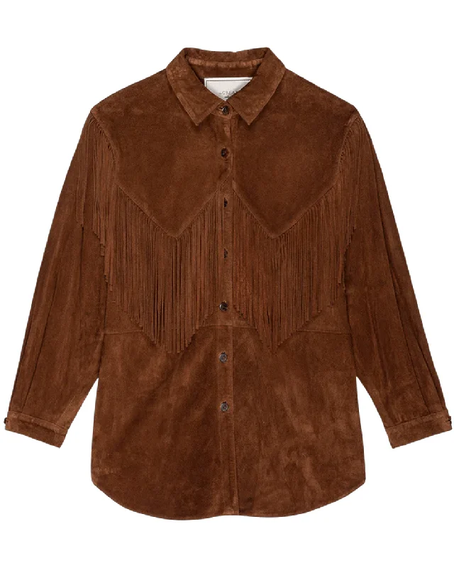 Women's Chic Outerwear Attire Cognac Suede Fringe Shirt Jacket