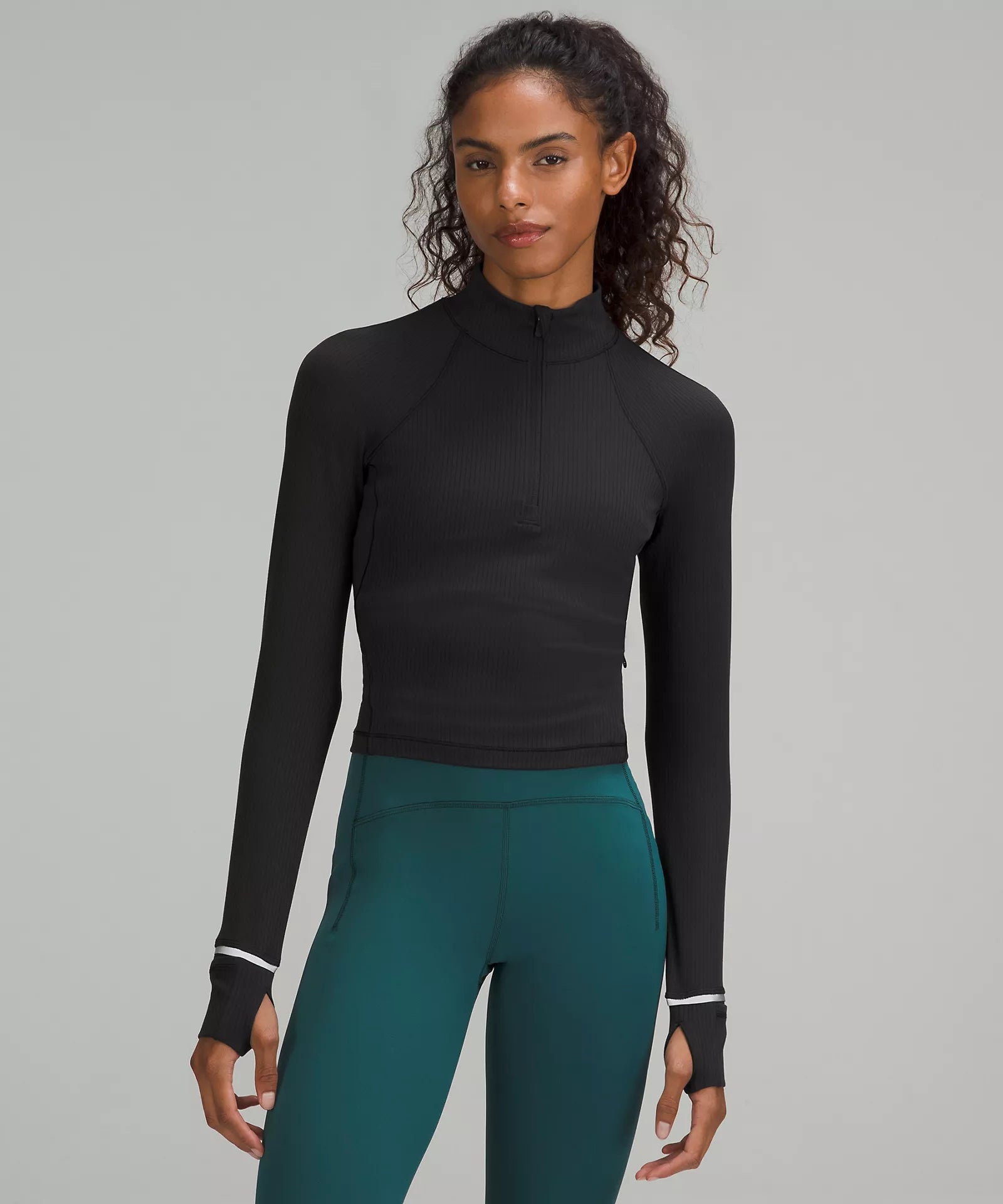 Fashionable Women's Outfit It's Rulu™ Run Ribbed Cropped Half Zip | Black